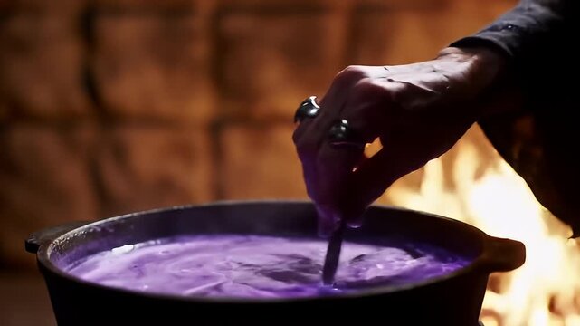 Mysterious hand stirring bubbling potion in a cauldron with firelight casting shadows and magical atmosphere