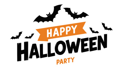 Happy Halloween Party: A festive Halloween-themed illustration showcasing the words Happy Halloween Party with bat silhouettes. Perfect for Halloween decorations and party invitations.