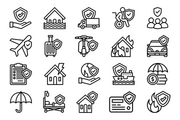 Insurance icon set on white background. Symbol of insurance, home, transportation, protection, security, and safety. Set vector line icons of insurance