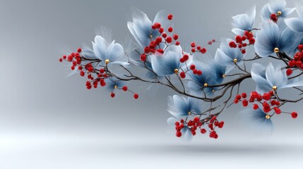 Festive Christmas Decoration Art Featuring Pine Branches with Red Berries and White Flowers in a Winter Wonderland Background