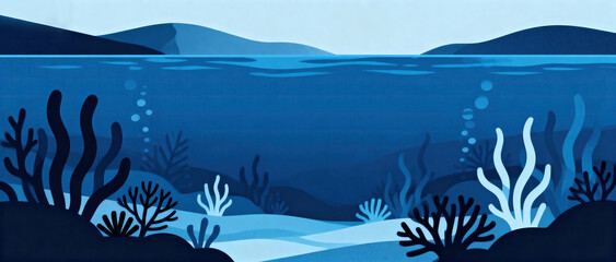 This image depicts an underwater scene with diverse seaweeds and clear blue water, showcasing the beauty of the marine environment.