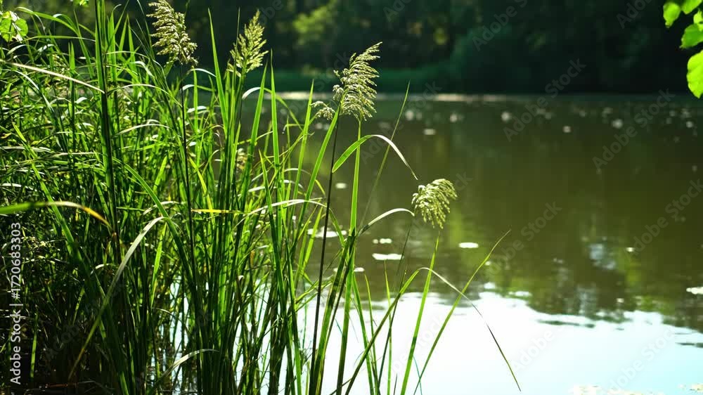 Canvas Prints close-up handheld shot of tall reeds swaying subtly at the calm pond's edge under dappled sunlight d