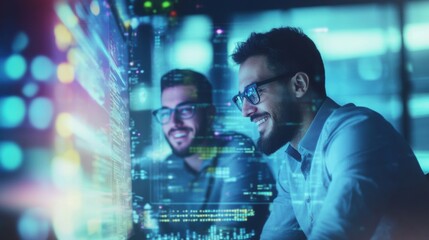 Two men sitting front computer monitor looking screen are