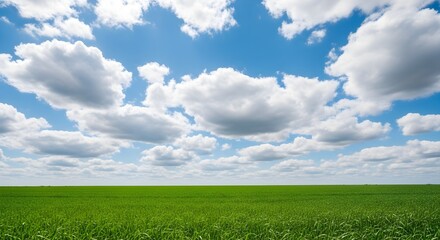Vast green field under a bright blue sky filled with fluffy white clouds on a clear day