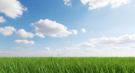Expansive green grass field under a bright blue sky with fluffy white clouds, evoking a sense of peace and natural beauty on a clear, vibrant day