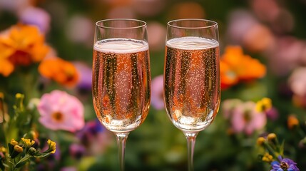 Two Prominent Sparkling Rosé Champagnes (Full of Tiny Bubbles) in Foreground, Soft Blurred Background of Colorful Garden Flowers