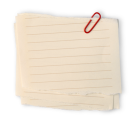 Urgent Post-it notes torn from old light brown paper with lines notebook stacked together with red paper clip isolated on transparent background or png file.