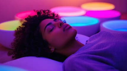 Young woman lying her back bed eyes closed Healing sound bath