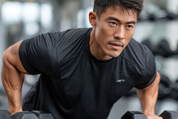 a young man is working out in the gym. he holds dumbbells on an exercise bench while wearing black shorts and a short-sleeved t-shirt