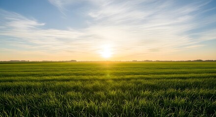 Obraz premium Golden sun rising over a vast and lush green agricultural field under a beautiful blue sky with light clouds