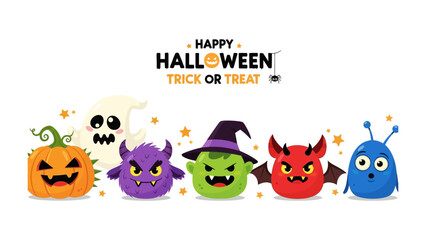 Halloween's Fun Gang: Charming and quirky Halloween character illustration forming a delightful ensemble, capturing the spooky yet friendly spirit of Halloween.