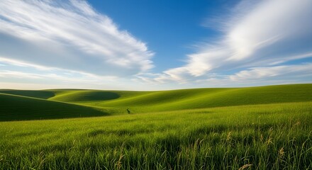 Obraz premium Vast, rolling green hills under a vibrant blue sky with wispy clouds stretching across the landscape