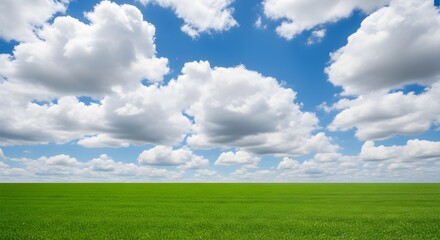 Fototapeta premium Vast green field under a vibrant blue sky filled with fluffy white clouds on a sunny day
