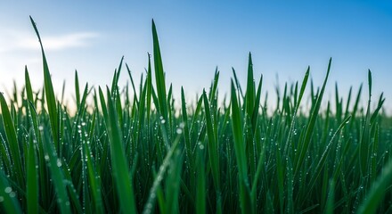 Fototapeta premium Close-up of dew-covered grass blades in the early morning light under a clear blue sky