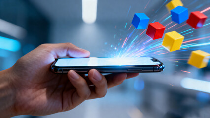 person holding a glowing mobile phone surrounded by floating tech cubes, creating a futuristic atmosphere of innovation, connectivity, and digital advancement.Generated by AI