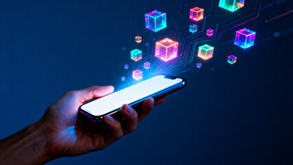 person holding a glowing mobile phone surrounded by floating tech cubes, creating a futuristic atmosphere of innovation, connectivity, and digital advancement.Generated by AI