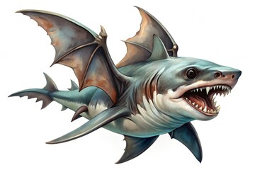 A whimsical illustration of a shark with bat wings, isolated on white background, a fantastical creature combining the marine predator with the mythical flying mammal