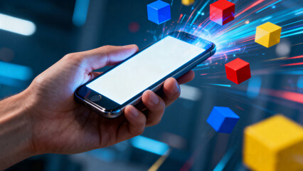 person holding a glowing mobile phone surrounded by floating tech cubes, creating a futuristic atmosphere of innovation, connectivity, and digital advancement.Generated by AI