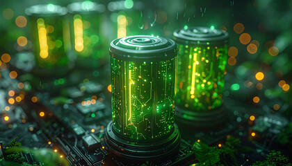 Ecological Batteries: A macro perspective into cutting-edge green energy technology, showcasing several vividly glowing ecological batteries on an integrated circuit board.