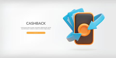 3d cashback arrow transaction landing page. Realistic mobile phone with banknote, gold coin and blue arrows around. Online banking banner, payment service sign. Vector illustration on light background