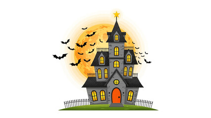 Spooky House on Halloween: An artistic illustration showcases a haunted house at night, the moon casting an eerie glow and bats. 