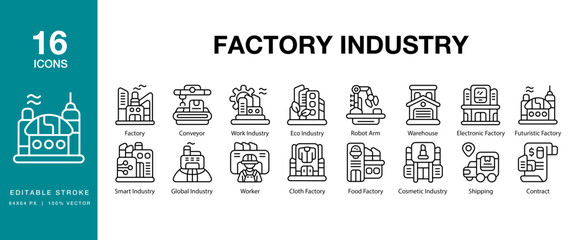 Factory Industry icon set. Includes industry, factory, manufacturing, production, engineering and More. Editable Stroke Icon Collection.