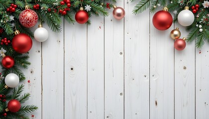 Christmas Corner Banner with Red and White Ornaments on White Wood Background
