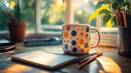 A cozy mug filled with coffee sits on a wooden desk next to a notebook and pencils bathed in warm sunlight from a window creating a peaceful morning atmosphere