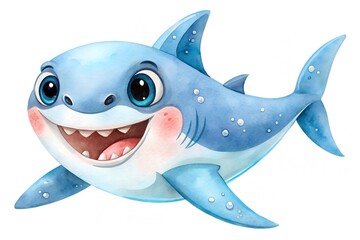 Obraz premium Cartoon illustration of a cute baby shark with a big smile isolated on white background, showcasing its playful and friendly nature
