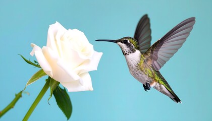 Fototapeta premium A beautiful, detailed close-up of a hummingbird in mid-flight, hovering near a pristine white rose. The image is set against a solid, vibrant teal background, emphasizing the delicate subjects.