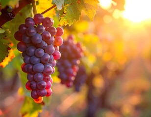 Red Grapes on Vine at Sunset