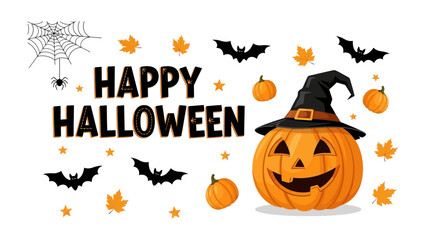 Spooky Season Graphic: A festive Halloween graphic showcasing a smiling jack-o'-lantern adorned with a witch's hat, surrounded by bats, spiderwebs, and falling leaves.