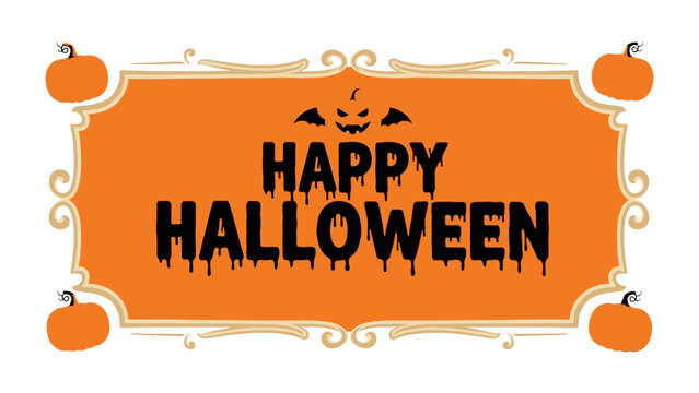 Halloween Greeting: A festive design features an orange banner adorned with pumpkins, elegantly announcing 'Happy Halloween'. A stylish and visually appealing emblem of seasonal delight.
