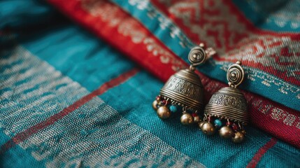 Elegant vintage earrings with intricate designs placed on colorful traditional fabric showcasing rich textures and patterns