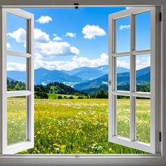 A picturesque window view of a mountain landscape.  A vibrant meadow and hills under a clear blue sky