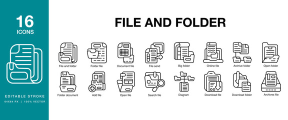 File and Folder icon set. Includes document, file, folder, information, office and More. Editable Stroke Icon Collection.