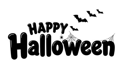 Happy Halloween: a spooky typography of Happy Halloween with playful and ghostly illustrations of bats and spider webs, all in a playful monochrome and inviting and playful.