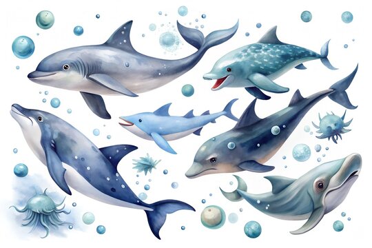 Watercolor illustration of various dolphin and shark species isolated on white background, featuring playful poses and vibrant blue hues in a marine setting