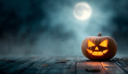 Halloween Pumpkin with Glowing Face under Moonlit Night.