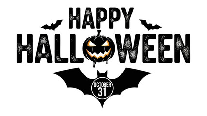 Fototapeta premium Spooky Halloween Icon: A creatively illustrated Halloween logo, featuring a grinning pumpkin, bats, and the words Happy Halloween, perfect for seasonal promotions. 