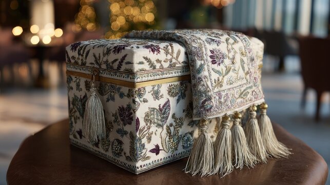 Ornate decorative box with intricate floral embroidery and elegant tassels resting on a wooden table in a stylish interior setting