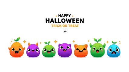 Spooky Halloween Creatures: A charming array of cute, colorful monsters and the seasonal message Happy Halloween, creating a fun and festive scene