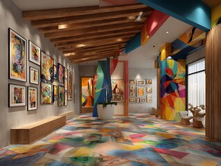 Colorful gallery room with asymmetric design pop art tones and vinyl tiles