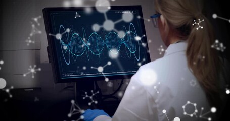 Female scientist inputting data and monitoring evolving DNA helix model for lab technology research - Powered by Adobe