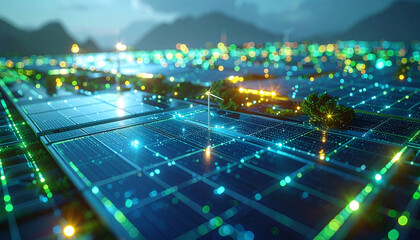 Obraz premium Solar Power Revolution: An advanced and modern image of a vast solar panel farm under the tranquil moonlight, surrounded by nature, symbolizing sustainable innovation for a greener tomorrow.