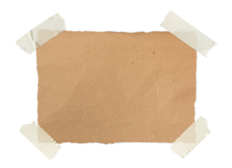 notes torn from old brown kraft paper wrinkles stuck with masking tape on all four corners isolated on transparent background or png file.