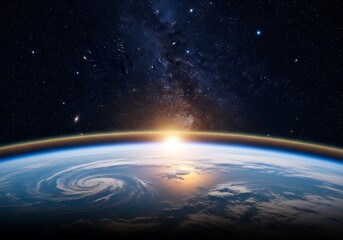 Vast expanse of space showcases Earth's beauty at sunrise, with a dramatic view of the galaxy and atmosphere.
