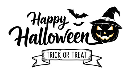 Spooky Halloween greeting : The message of Happy Halloween Trick or Treat has the spooky character, perfect for festive use, The artwork also shows a pumpkin face with witch hat and two bats.