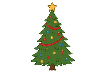 Fototapeta premium Christmas tree decorated with star topper, festive garland, and colorful bauble ornaments, celebrating winter holiday season