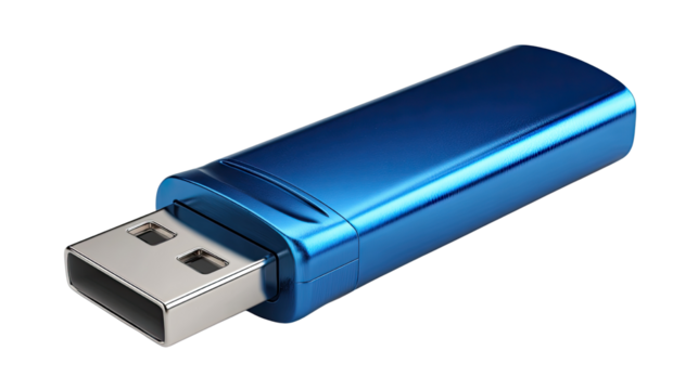 blue USB flash drive on white background